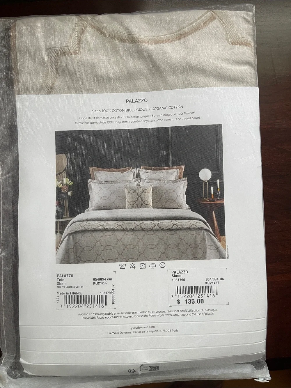 Yves Delorme Palazzo Sham 100% Organic Satin Cotton